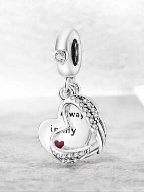 925 Sterling Silver "Always in my Heart" Angel Wing Dangle Charm